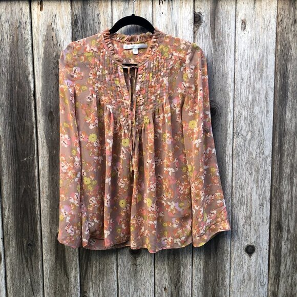 LC Lauren Conrad Tops - LC Lauren Conrad Abstract Floral Tie Neck Tuxedo Sheer Popover Blouse Size XS